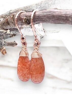 New Natural Sunstone Earrings  14k Rose Gold Filled , June Birthstone